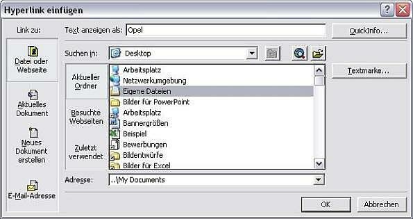 Dialogfenster Hyperlink einfügen