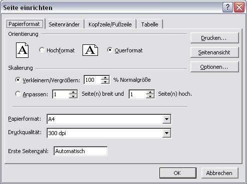 Dialogfenster Seite einrichten-Papierformat