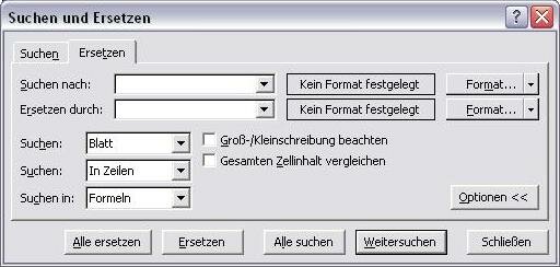 Dialogfenster Suchen und Ersetzen