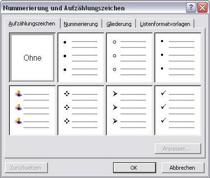 Fenster Nummerierung und Aufzählungen