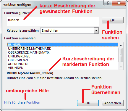 Abbildung: Dialogfeld Funktion einfügen