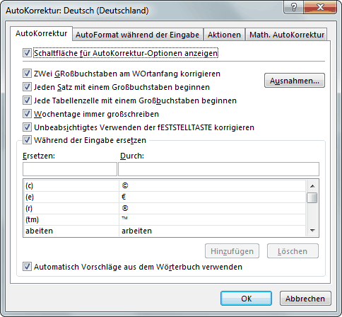 Abbildung: Dialogfeld Autokorrektur