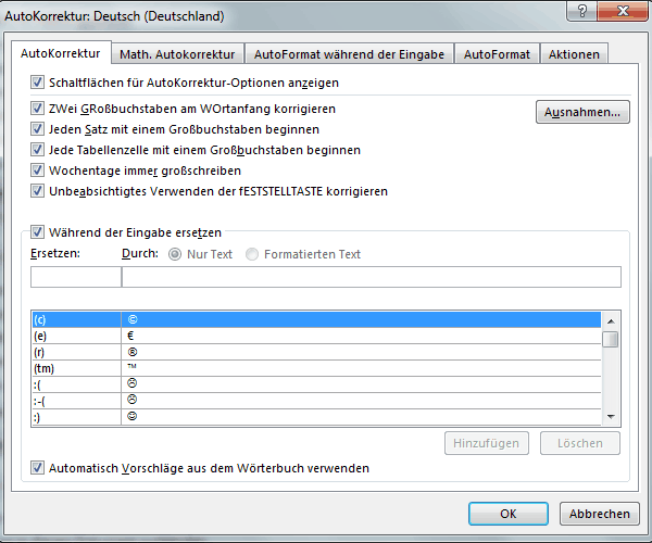 Abbildung: die Autokorrekturfunktion einstellen.