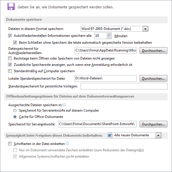 Abbildung: Speicheroptionen